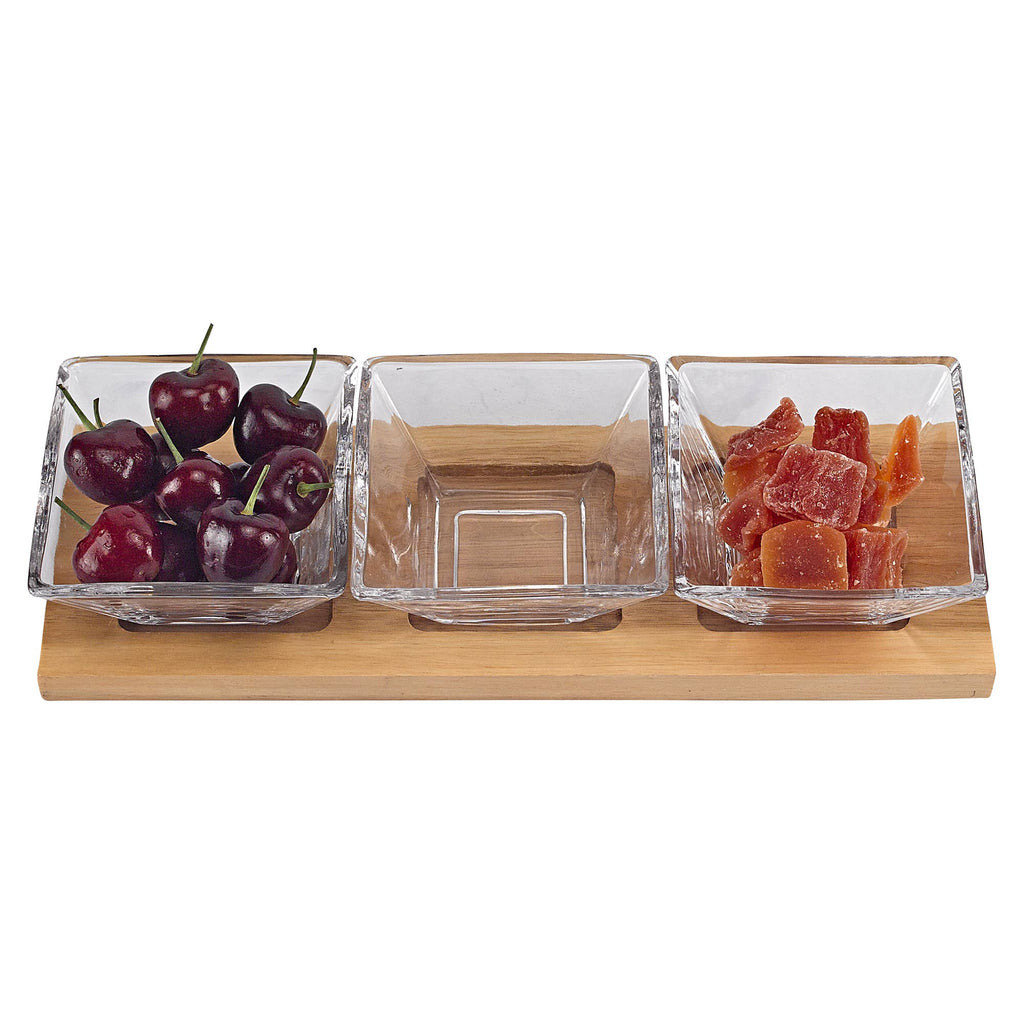 Hostess Set With 3 Glass Condiment Bowls on a Wood Tray