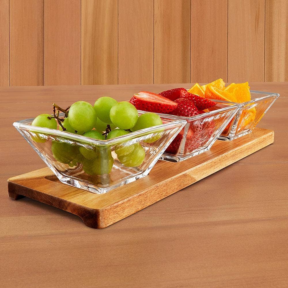 Hostess Set With 3 Glass Condiment Bowls on a Wood Tray