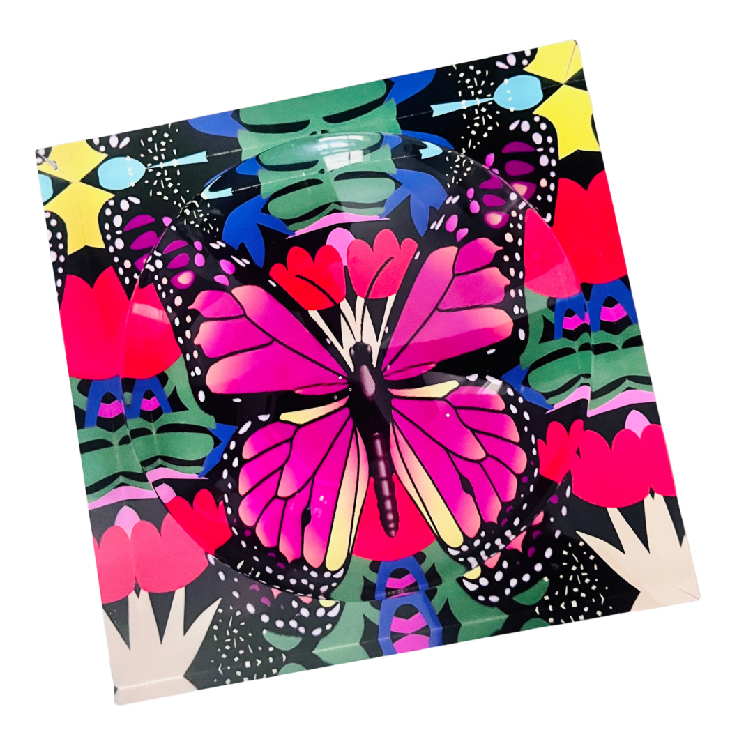 colorful edgy butterfly design on an acrylic lucite thick candy dish, elegant, housewarming gift