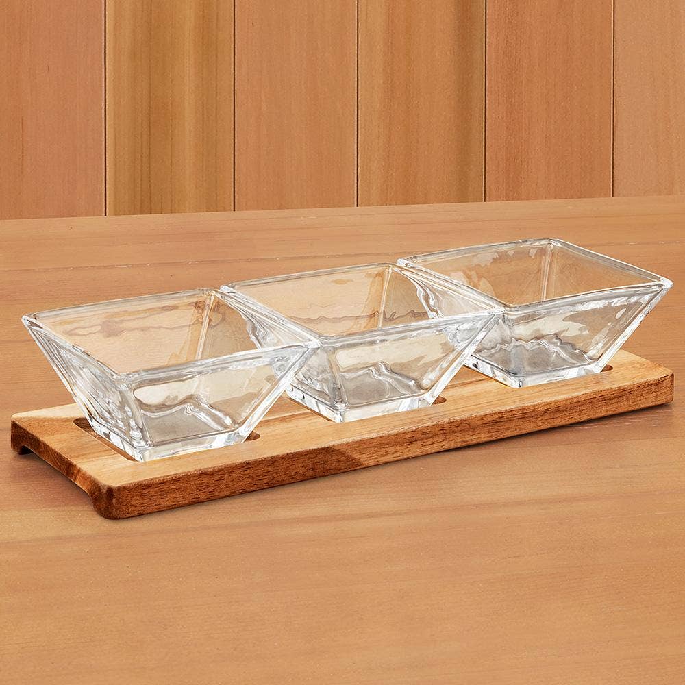 Hostess Set With 3 Glass Condiment Bowls on a Wood Tray