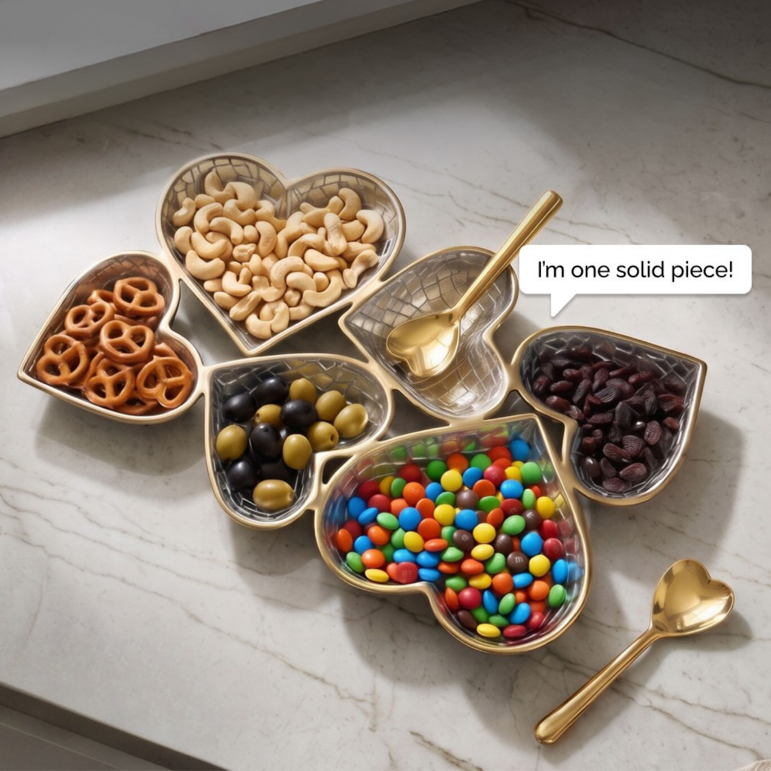 A set of six heart-shaped ceramic candy and snack bowls with gold-toned metal edges and handles, arranged on a light marble surface. The bowls contain pretzels, cashews, dark olives, dark chocolate pieces, colorful M&M's candies, and peanuts, with two gold spoons placed beside them.
