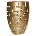 A modern metallic gold vase with a textured, woven-look geometric pattern of interlocking rectangular slats, shown on a solid white background.