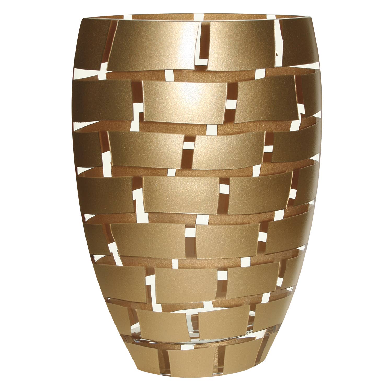 A modern metallic gold vase with a textured, woven-look geometric pattern of interlocking rectangular slats, shown on a solid white background.