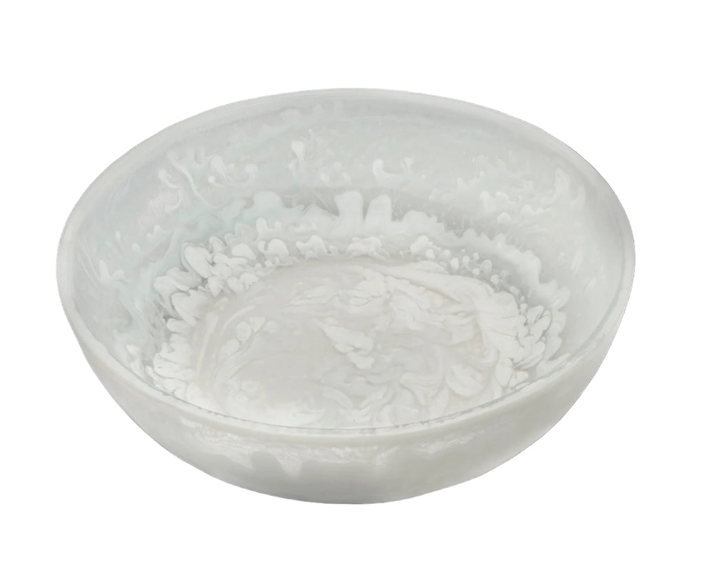 large white resin salad bowl with swirl design and servers included