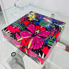 colorful butterfly design on an acrylic lucite thick candy dish, elegant, housewarming gift