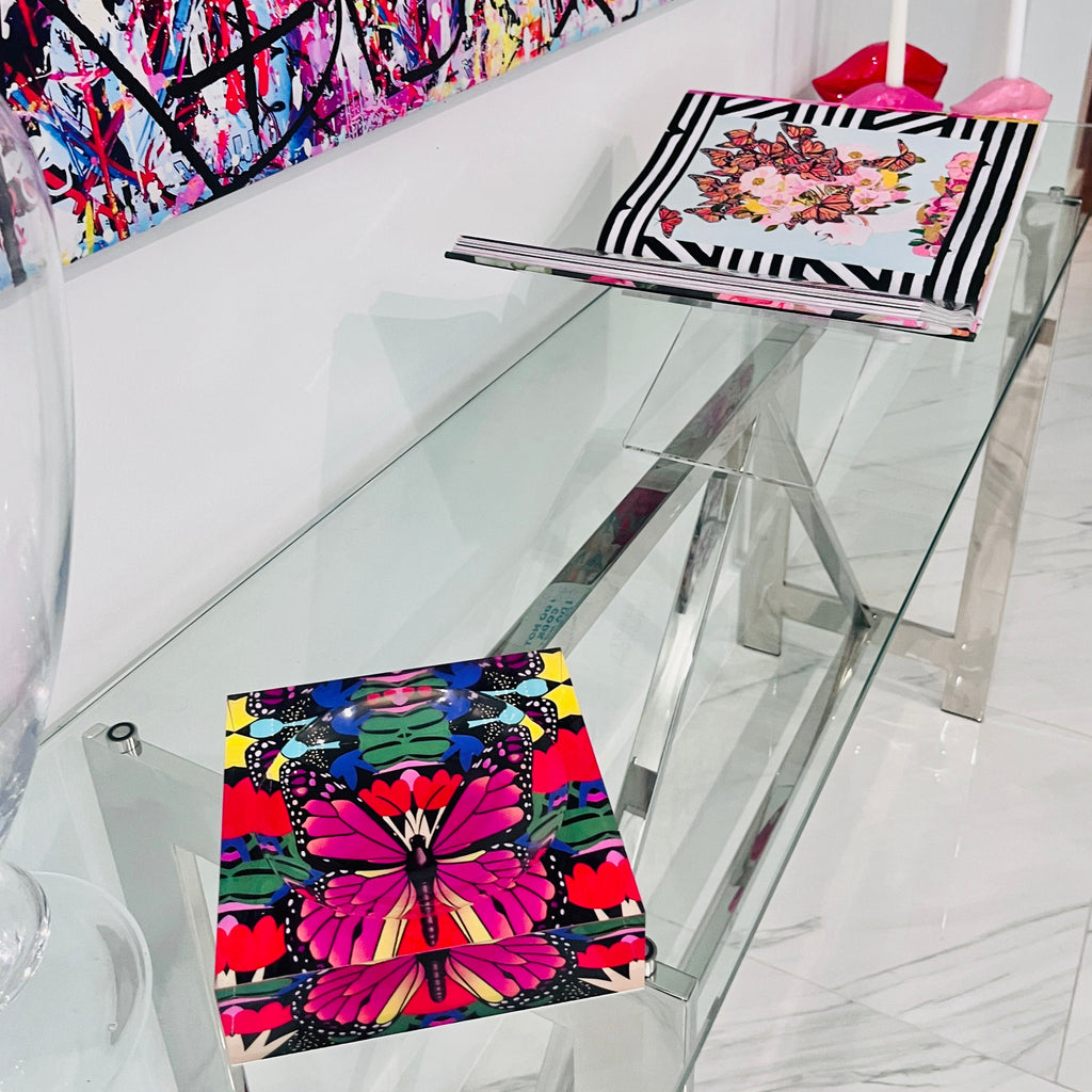 colorful butterfly design on an acrylic lucite thick candy dish, elegant, housewarming gift