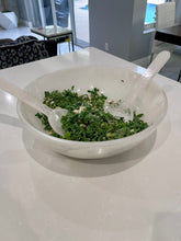 Load image into Gallery viewer, large white resin salad bowl with swirl design and servers included
