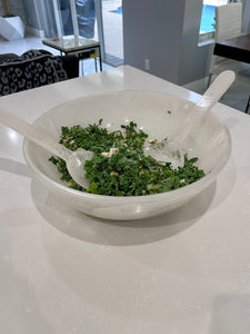 large white resin salad bowl with swirl design and servers included