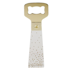 Bottle opener with gold top and white handle with gold dots on a white background