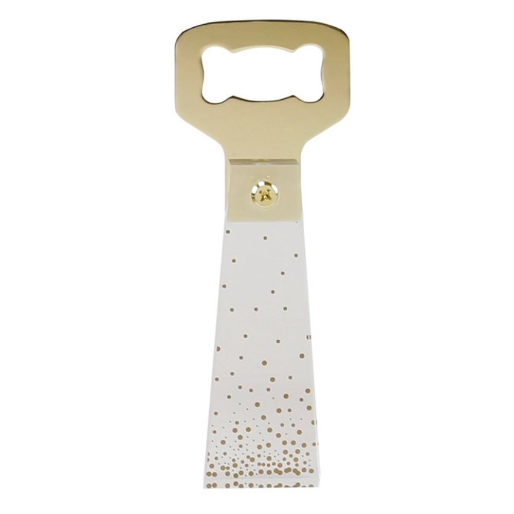 Bottle opener with gold top and white handle with gold dots on a white background