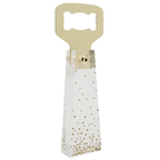 Bottle opener with gold top and white handle with gold dots on a white background