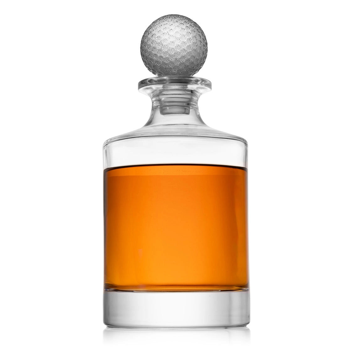 Clear glass decanter with a decorative golf ball stopper to display your favorite whiskey on a bar or kitchen