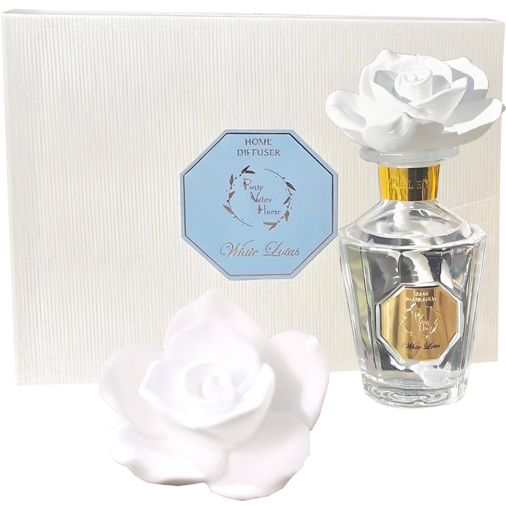 Perfume bottle with white rose design and hexagonal label on a white background