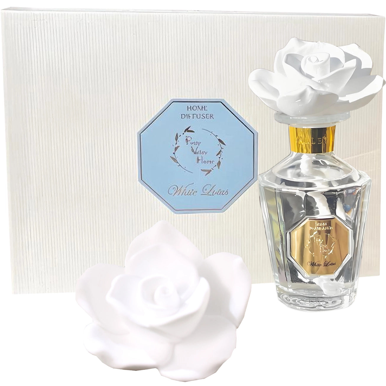 Perfume bottle with white rose design and hexagonal label on a white background