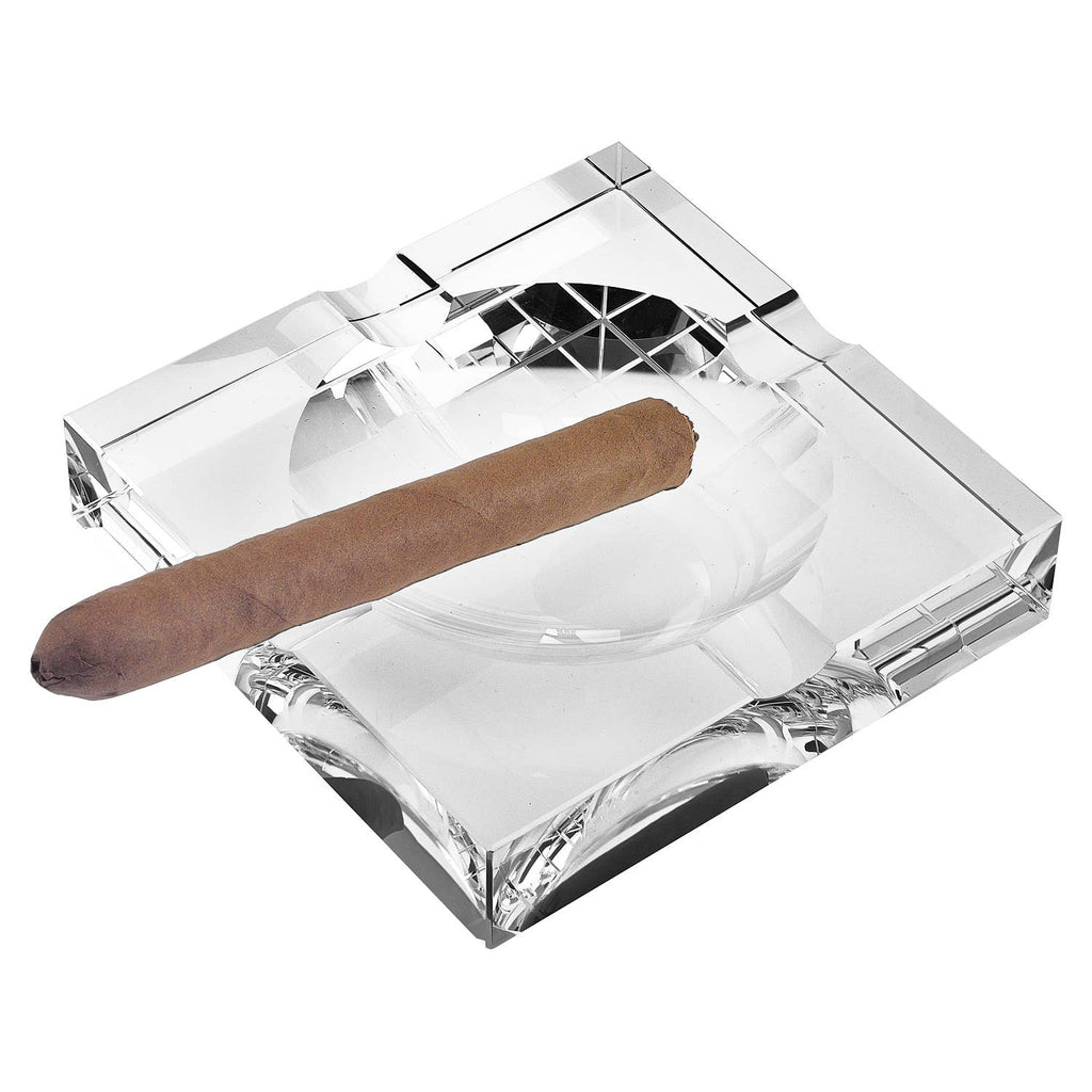 Clear glass cigar ashtray with marijuana leaf design etched in center