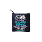 square mini pouches with zipper closures, each featuring a different text quote design in colors black, white, and multicolor.