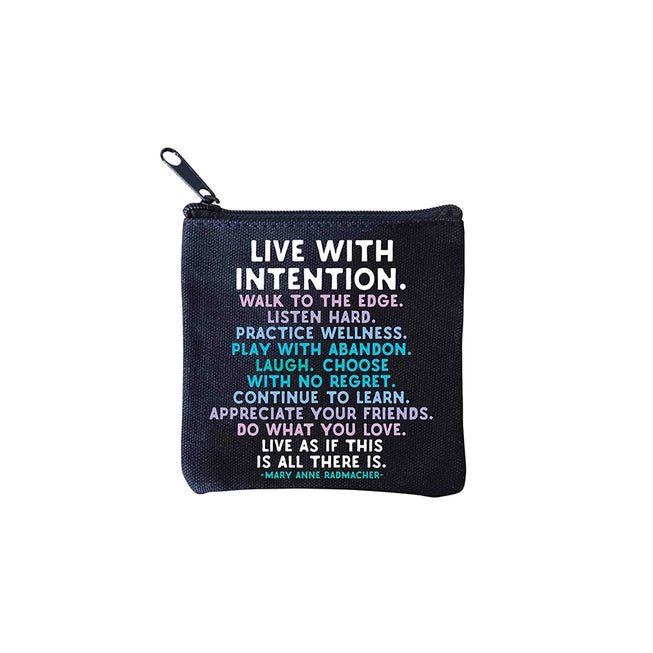 square mini pouches with zipper closures, each featuring a different text quote design in colors black, white, and multicolor.
