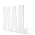 A white, vertical mail holder with the word 'MAIL' written in capital letters. The holder is empty and designed to hold mail vertically.