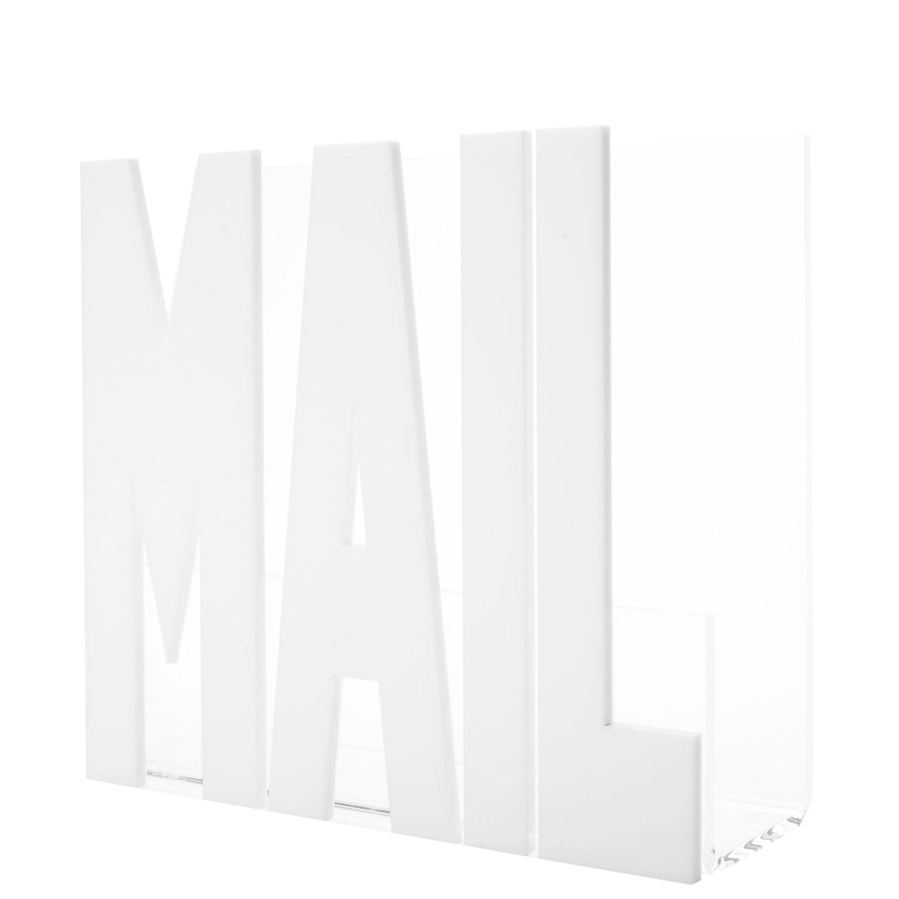 A white, vertical mail holder with the word 'MAIL' written in capital letters. The holder is empty and designed to hold mail vertically.