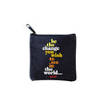 square mini pouches with zipper closures, each featuring a different text quote design in colors black, white, and multicolor. 