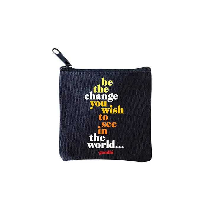 square mini pouches with zipper closures, each featuring a different text quote design in colors black, white, and multicolor. 