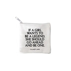 square mini pouches with zipper closures, each featuring a different text quote design in colors black, white, and multicolor. 