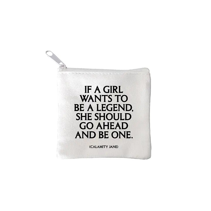 square mini pouches with zipper closures, each featuring a different text quote design in colors black, white, and multicolor. 