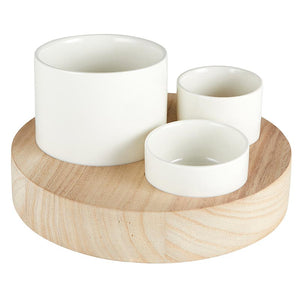 Trio Ceramic Bowls and Wood Base